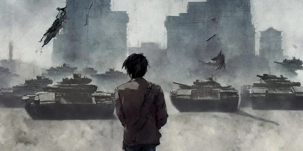 Interpretation of iconic image of the "Tank Man" during the Tiananmen Square protests in 1989.