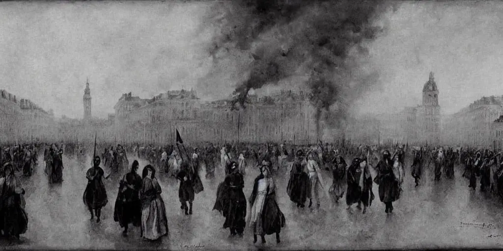 Crowd in a burning Paris