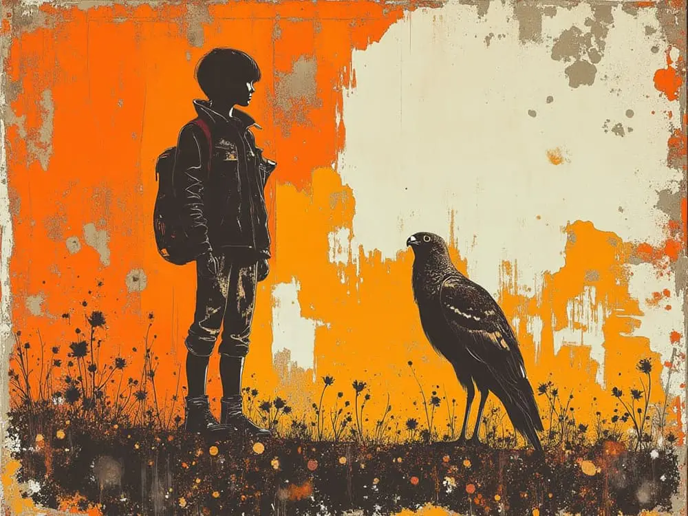 The boy and the kestrel ascend above the pit-village — a moment of fragile escape in Ken Loach’s hard-edged world.